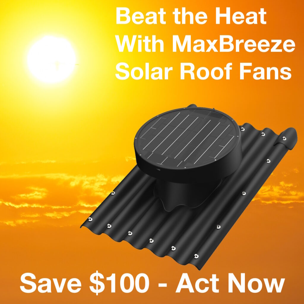 MaxBreeze Solar Roof Fans: $100 Off, Sunset Backdrop Displayed